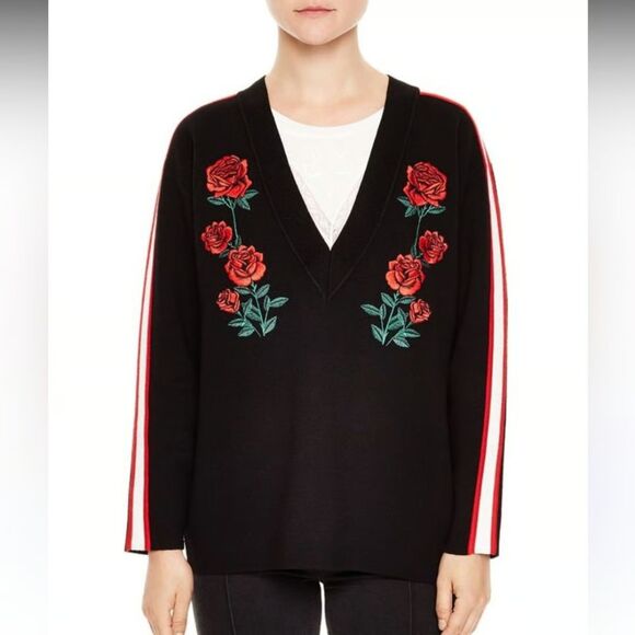 Sandro Indira Rose Embroidered Sweater - Black/Red - Picture 1 of 4